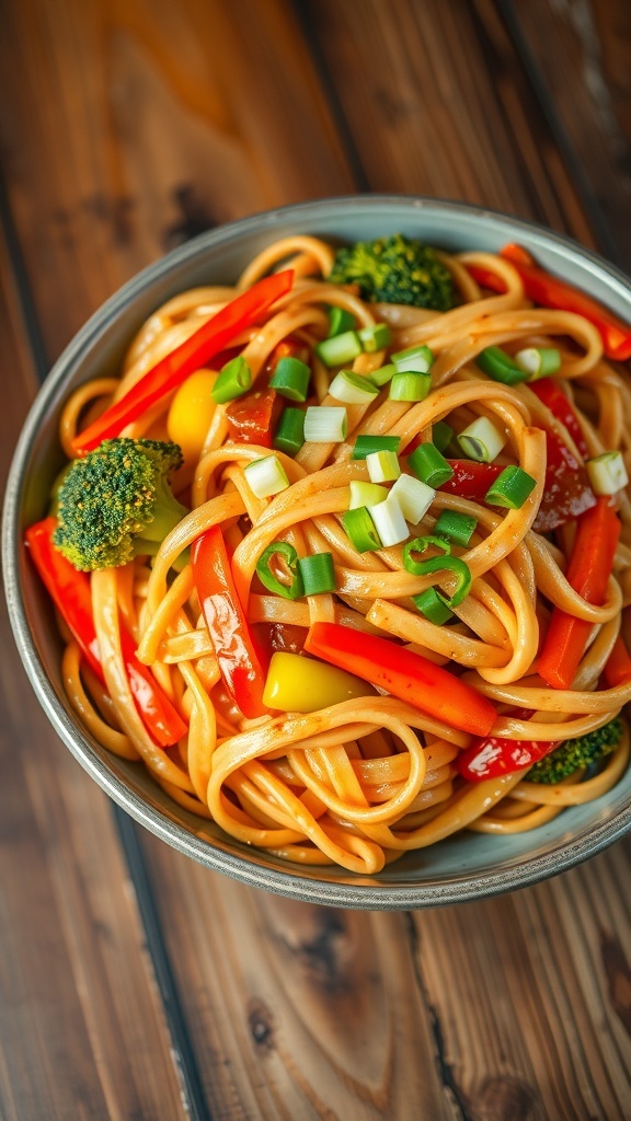 A bowl of stir-fried noodles with mixed vegetables and green onions on a wooden table.